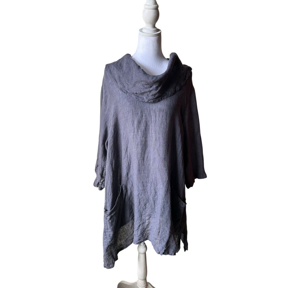 Match Point USA Gray 100% Linen Meshlinen Lagenlook Cowl Neck Tunic Top L/XL